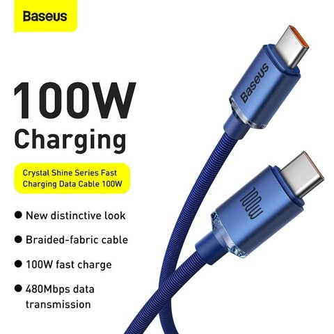 USB кабель Baseus Crystal Shine Series, 2xUSB тип-C, 200 см, 100 Вт, синий, в нейлоновой оплетке, #CAJY000703 Превью 1