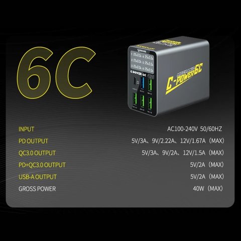 Adaptador de red Mechanic C-Power 6C, 40 W, Quick Charge, Power Delivery (PD), 6 puertos Vista previa  1